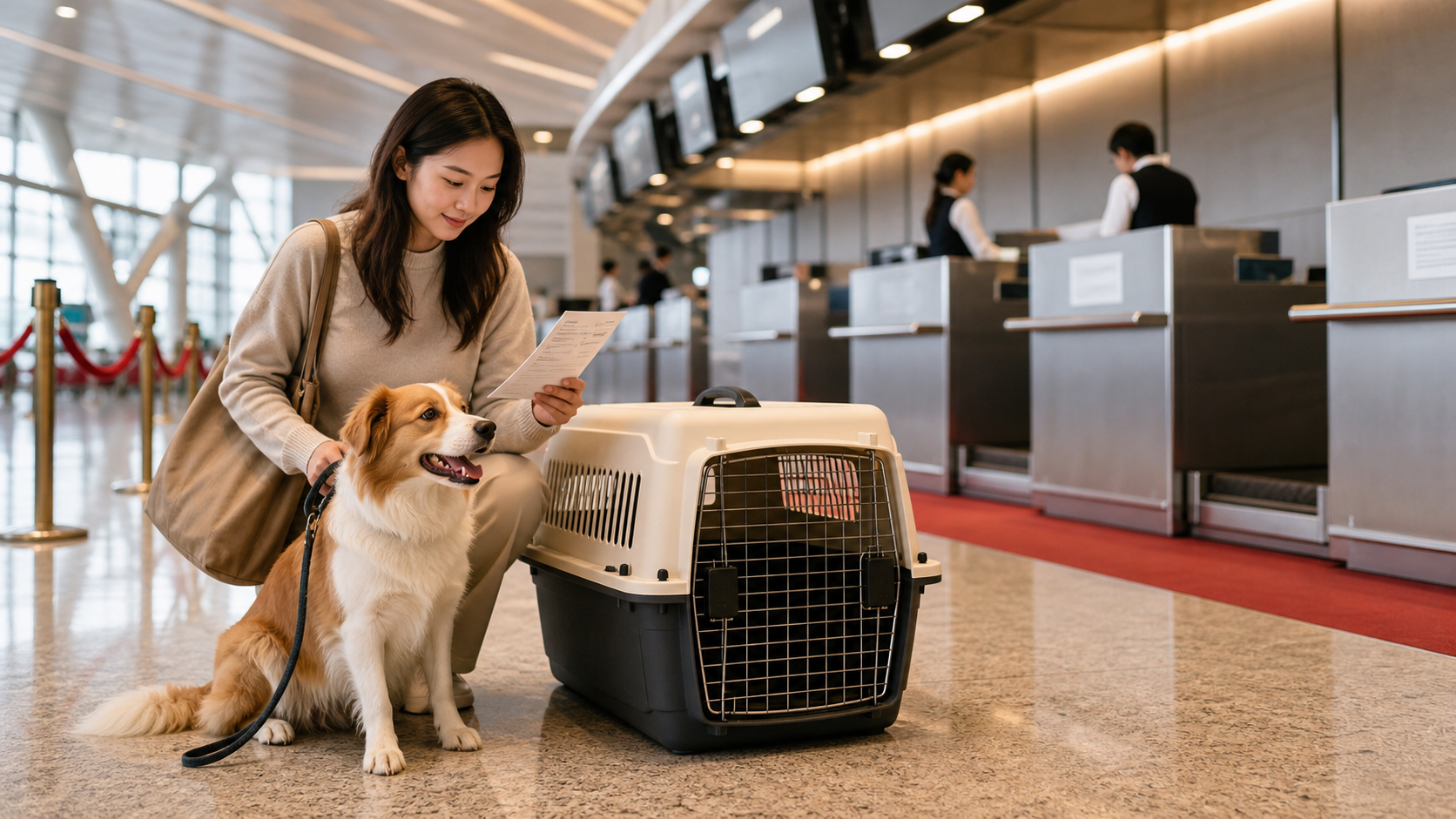 Dog beside an airline travel crate at an international airport check-in area