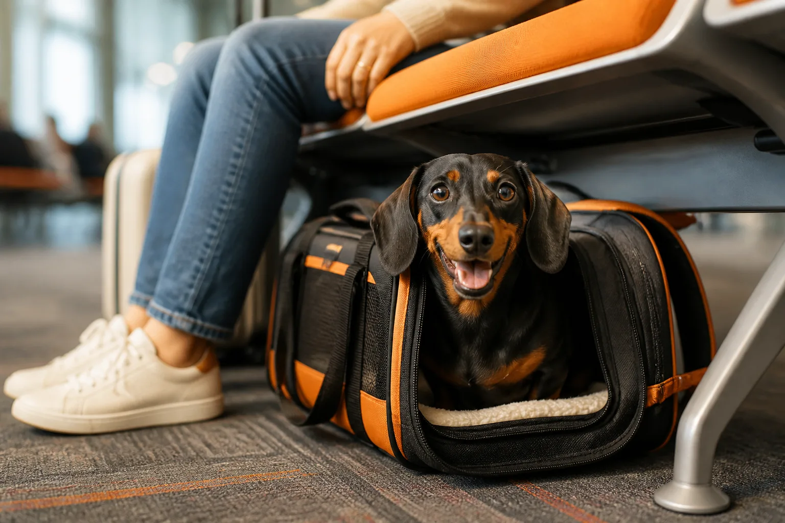 Small dog sitting happily in an airline-approved cabin carrier