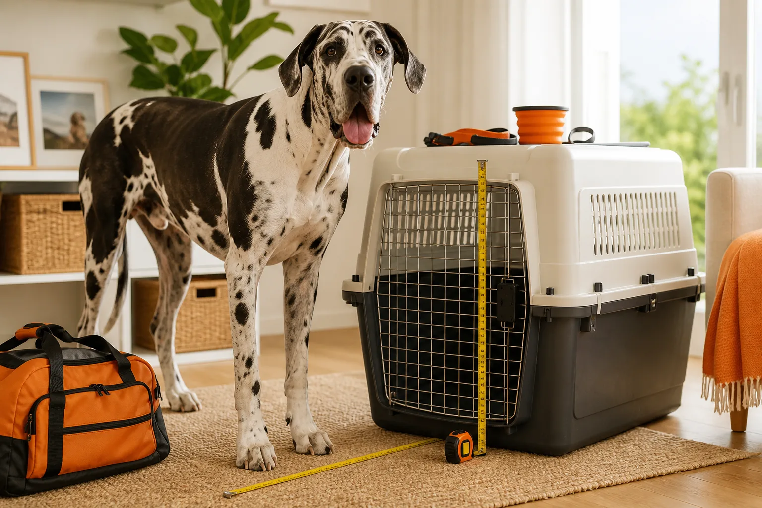 Great Dane standing beside a large travel crate and measuring tape
