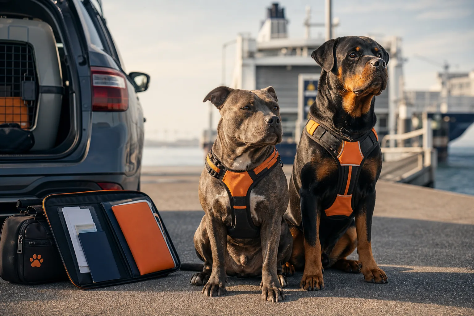 Responsible restricted breed dogs prepared for travel near a ferry terminal