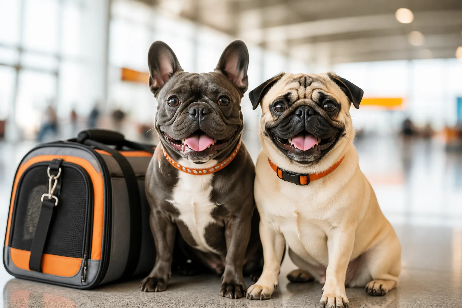 Happy French Bulldog and Pug with a dog travel carrier